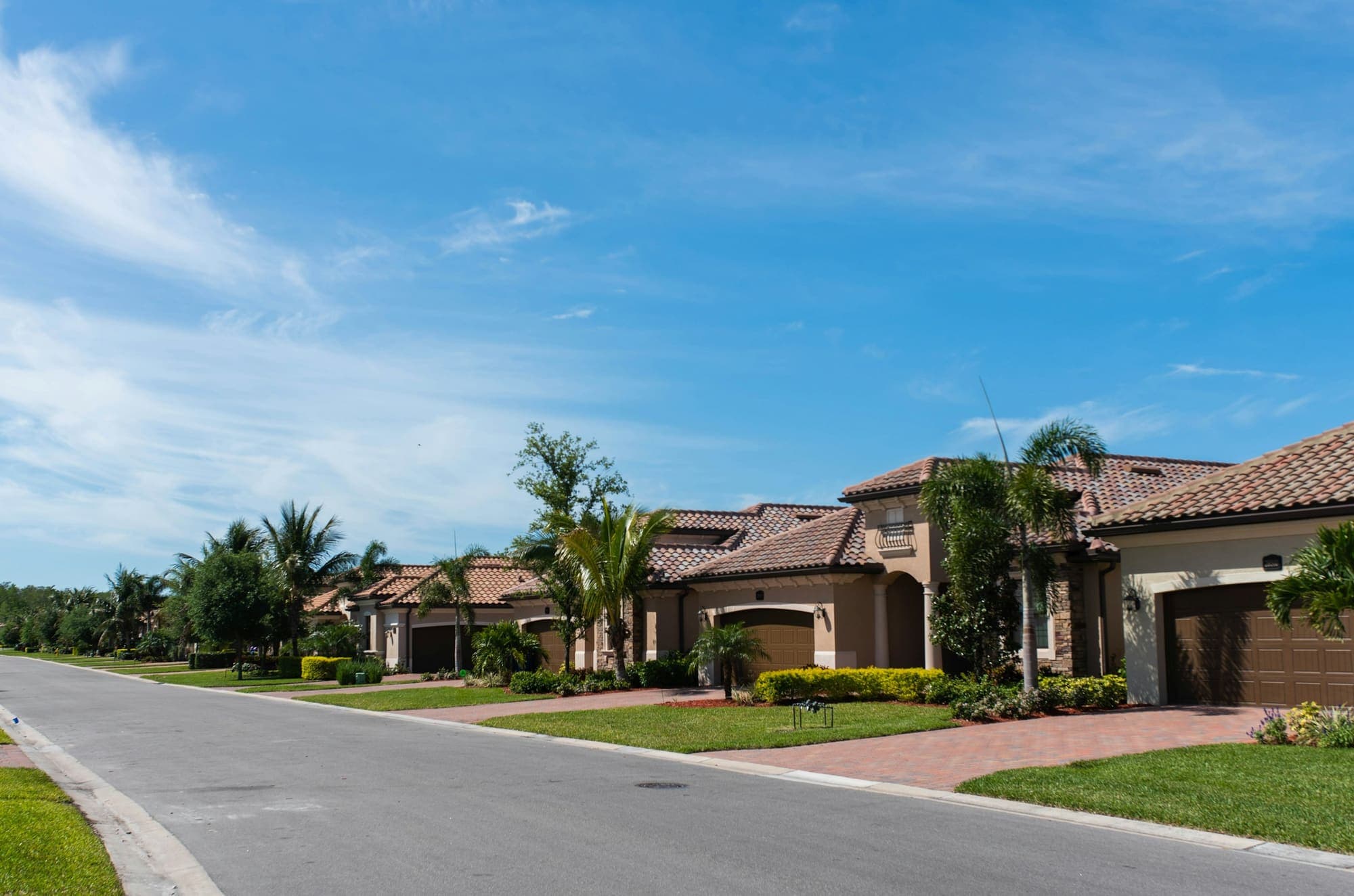 Mediterranean-style homes with tile roofs along a palm-lined residential street