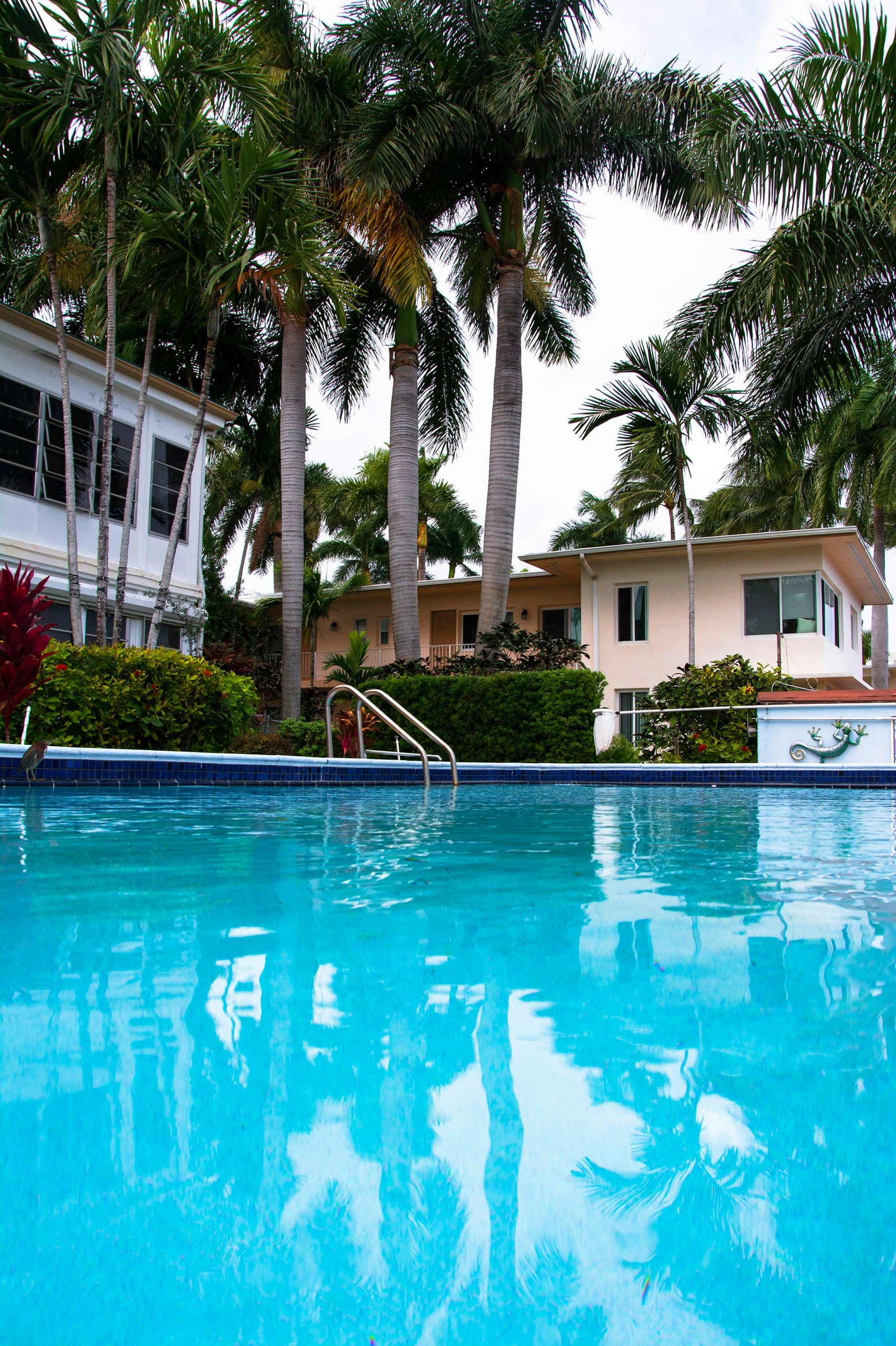 Clear blue pool in front of a pastel Florida home with palm trees