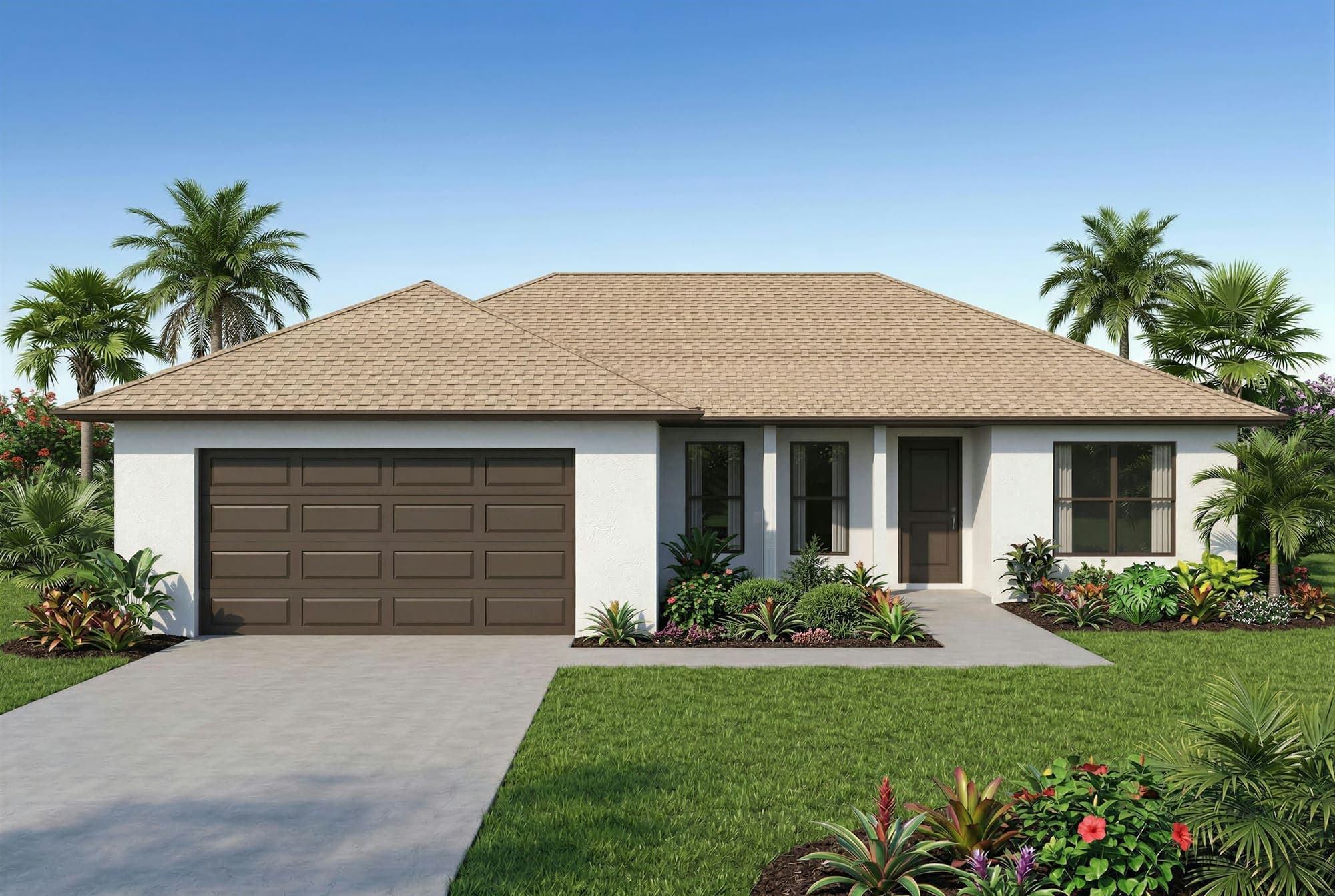 Single-story stucco home with a tile roof and palm trees